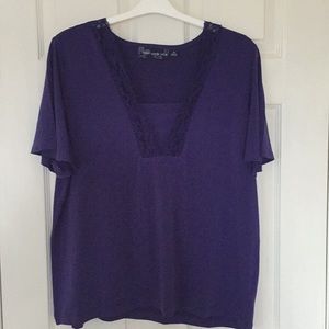 Susan Graver XL Purple short sleeve, lace neck top